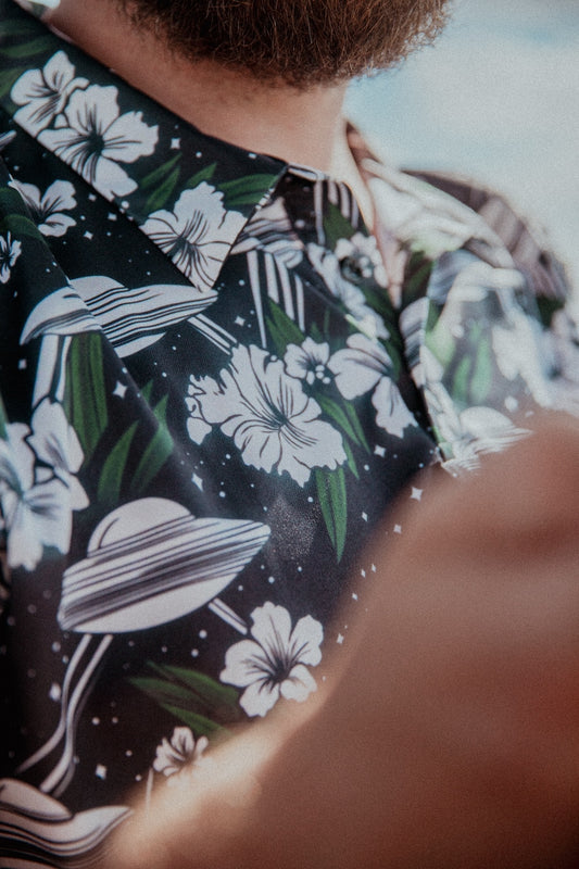Cosmic Luau: Flying Saucer & Cactus Bloom Golf Polo