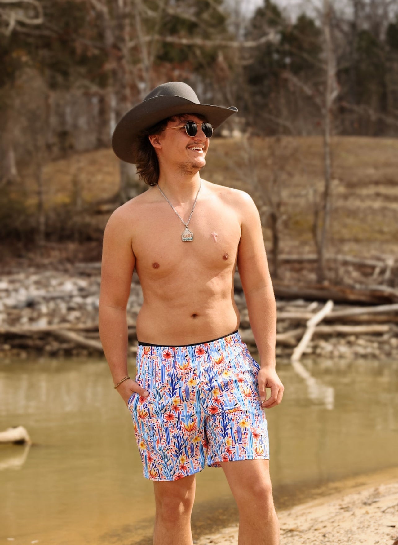 Mesa Mosaic: Geometric Floral Swim Trunks