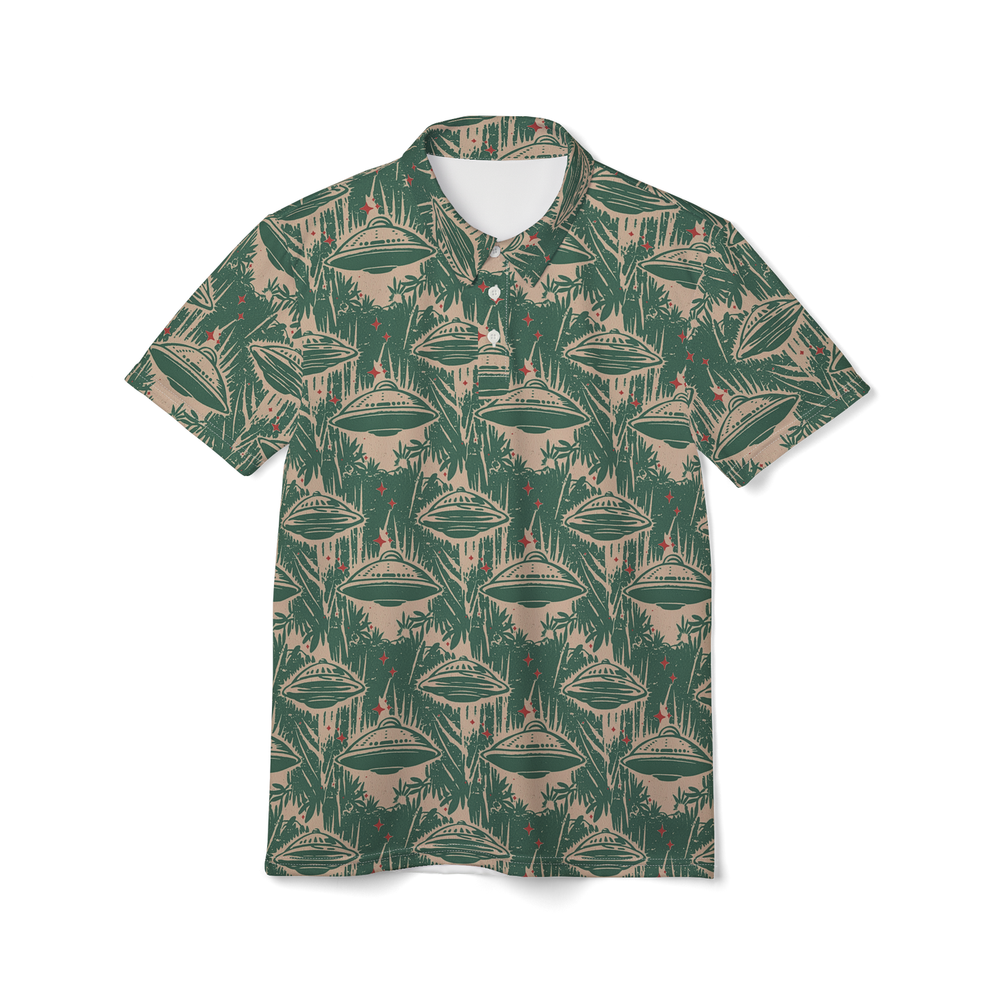 Abducted in an Oasis: Retro UFO Floral Encounter Golf Polo