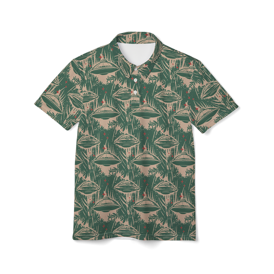 Abducted in an Oasis: Retro UFO Floral Encounter Golf Polo