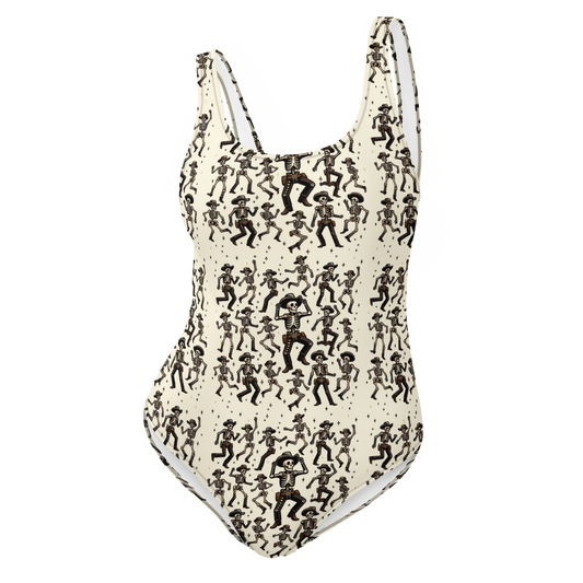 Ghostly Hoedown: Dancing Cowboy Skeleton One-Piece Swimsuit