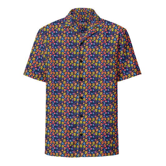 Festive Calavera: Vibrant Skulls Button-Up Shirt