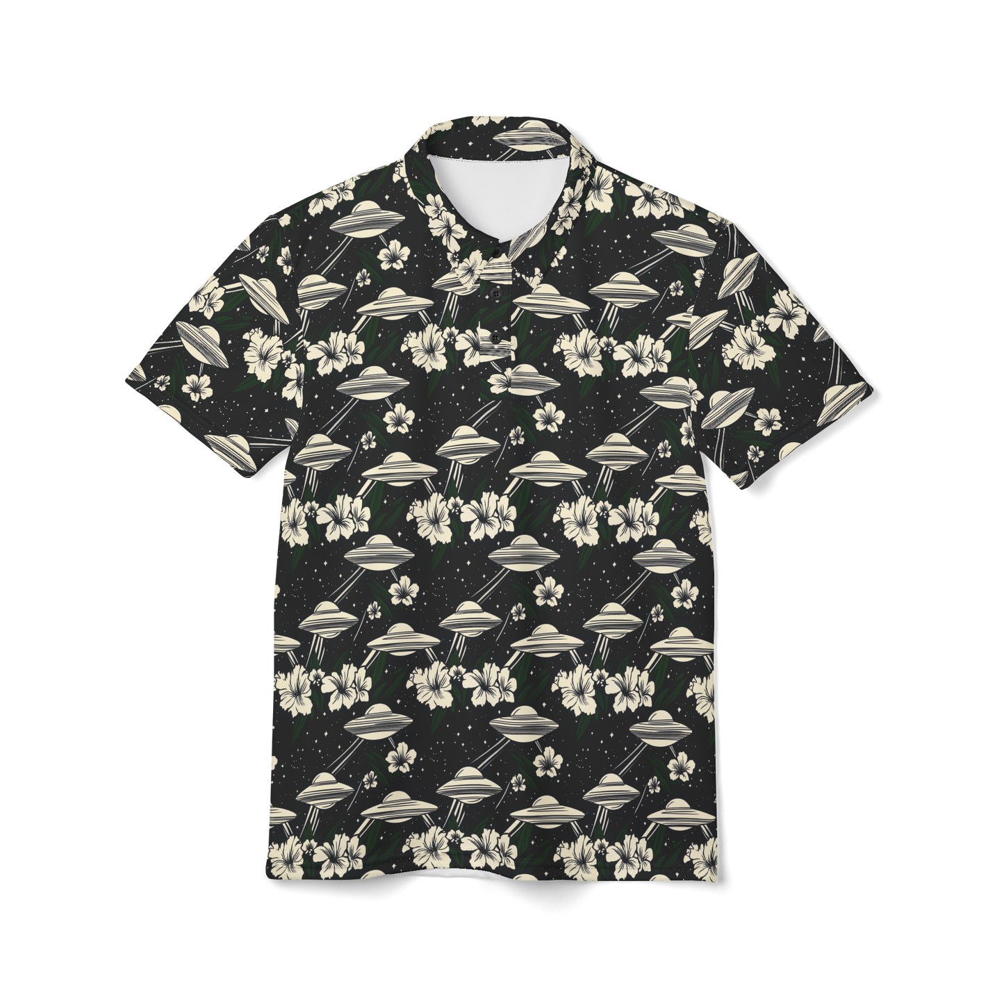 Cosmic Luau: Flying Saucer & Cactus Bloom Golf Polo