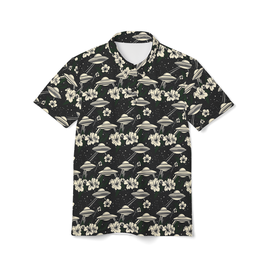 Cosmic Luau: Flying Saucer & Cactus Bloom Golf Polo