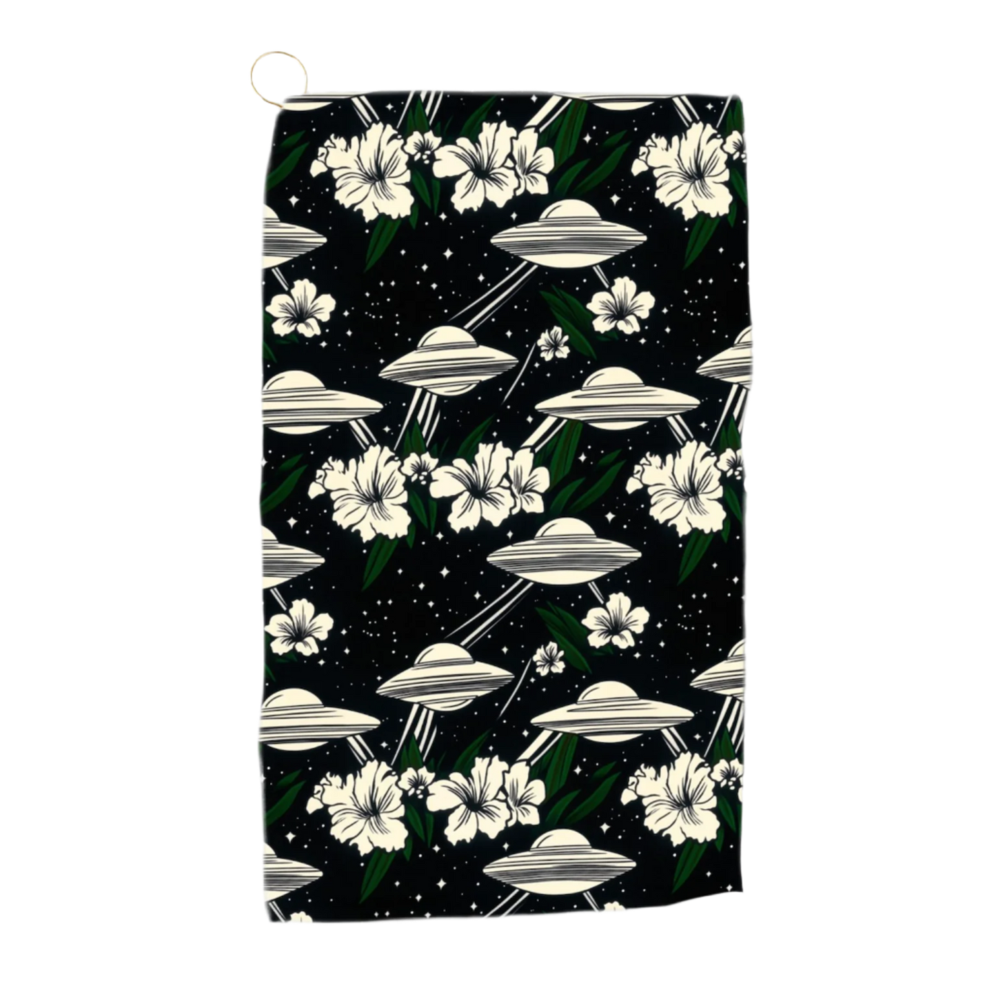 Cosmic Luau: Flying Saucer & Cactus Bloom Golf Towel