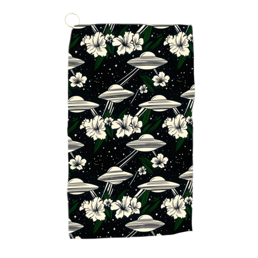 Cosmic Luau: Flying Saucer & Cactus Bloom Golf Towel