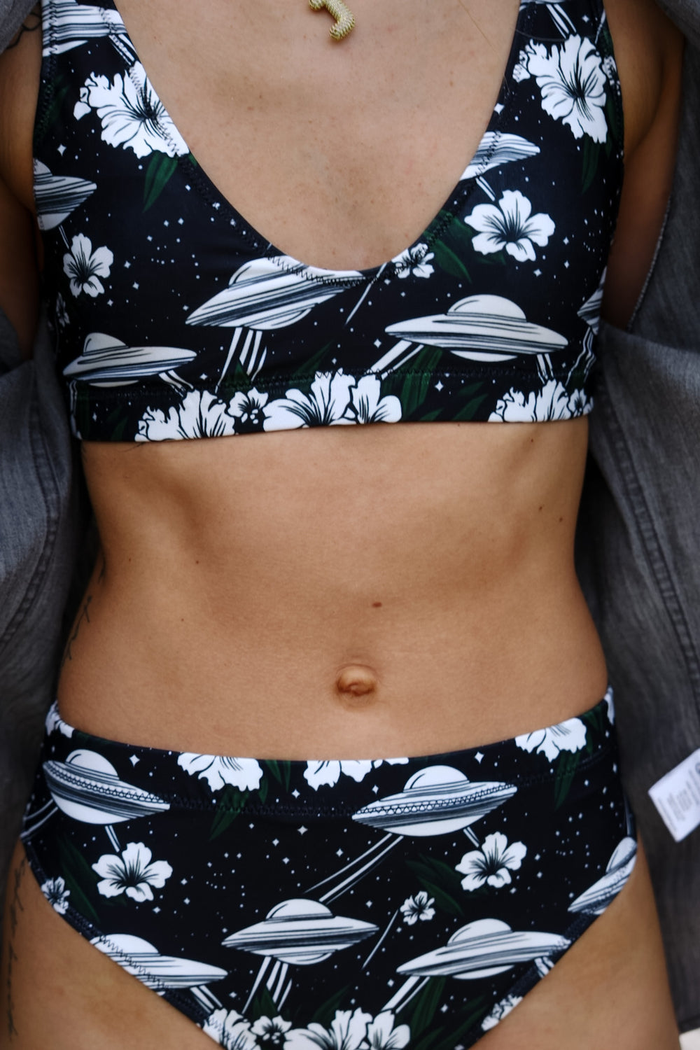 Cosmic Luau: Flying Saucer & Cactus Bloom High-Waisted Bikini Top