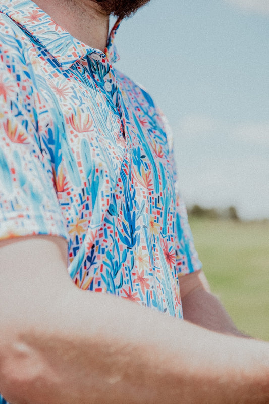 Mesa Mosaic: Geometric Floral Golf Polo